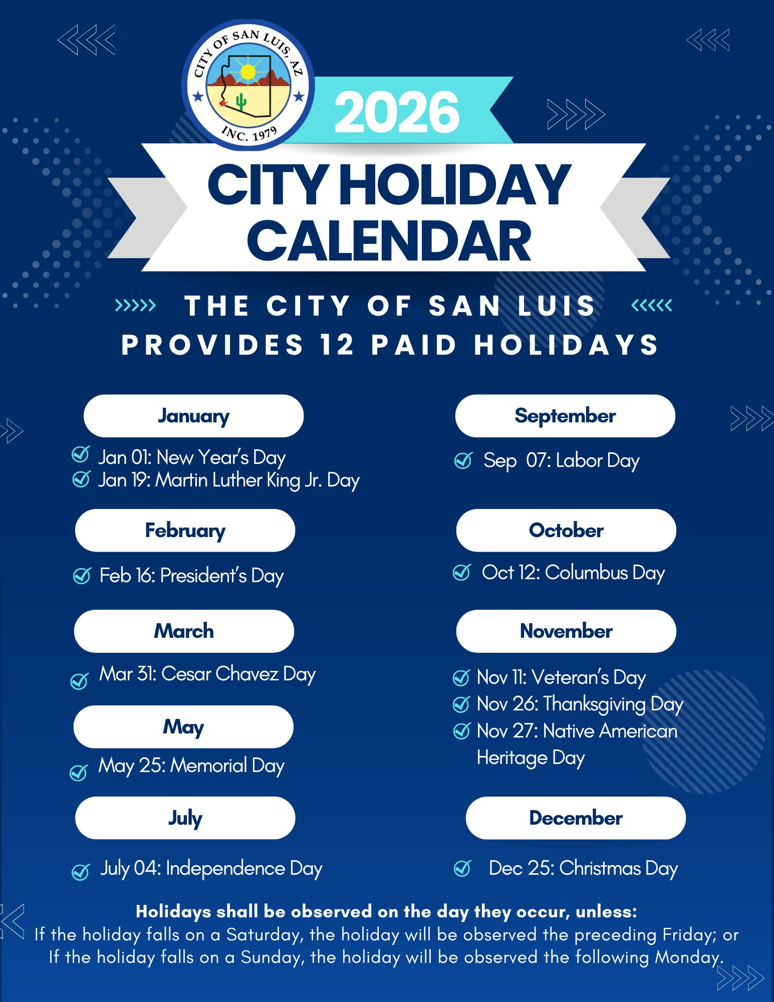 2026 City of San Luis Paid Holidays